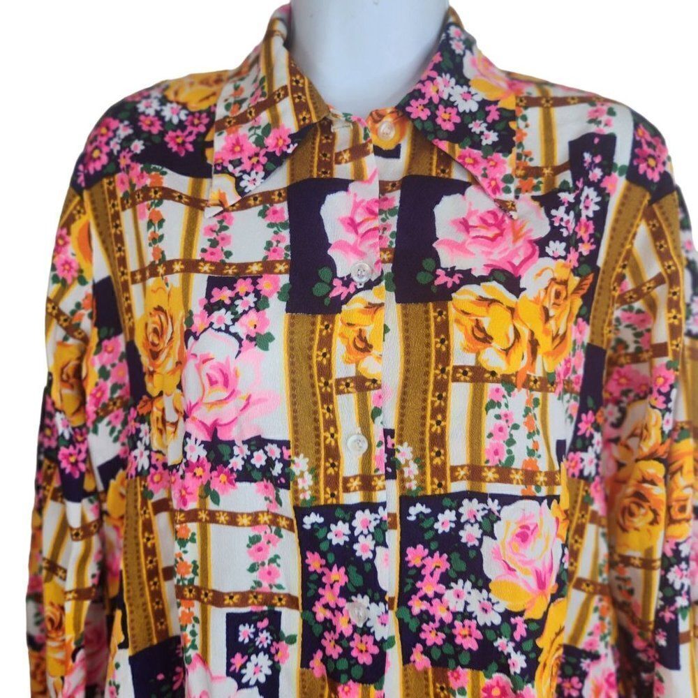 Vintage 60s 70s Hippie Blouse Shirt L Boho Mod Neon Floral Patchwork Groovy